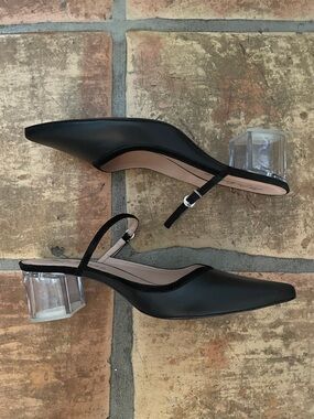 Matisse NEW Size 11 LOIS Black Leather Slingback Pumps with Clear Block Heel